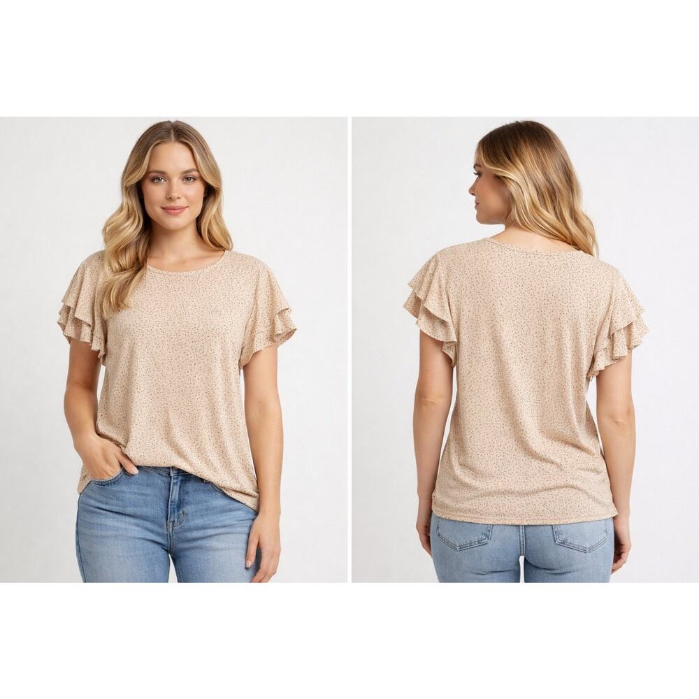 Women’s Beige Flutter Sleeve Blouse Speckled Print Casual Summer Top No size tag